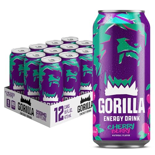 Gorilla Energy Drink, Cherry Berry, 200mg Natural Caffeine, Real Fruit Juice Squeezed & Concentrated, L-Theanine, Taurine, Ginseng, Acetyl L-Carnitine, No Added Sugar and No Artificial Colors, 12 Pack