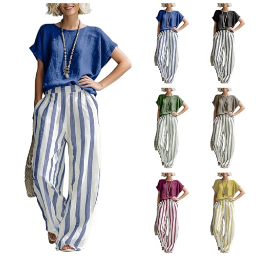 ZWRXW Womens Linen 2 Piece Sets Short Sleeve T Shirts Striped Wide Leg Pants Matching Lounge Set Summer Loose Casual Outfits