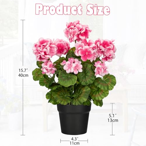 Briful Artificial Geranium Potted Plant – 16” Tall, Realistic Silk Flowers with Vibrant Green Leaves, Pink White Geraniums Fake Flowers for Outdoors Home Décor, Wedding Farmhouse Office Tables Decor - Image 3
