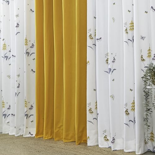 Image of Tranquebar Curtain Co. Window Curtains 5 Feet, 60-65% Room Darkening, Yellow Butterfly & Floral Print, Cotton Curtains for Window, Cotton Curtains 5 Feet Set of 3,BackTabs, Titli Yellow combo (152 cm)