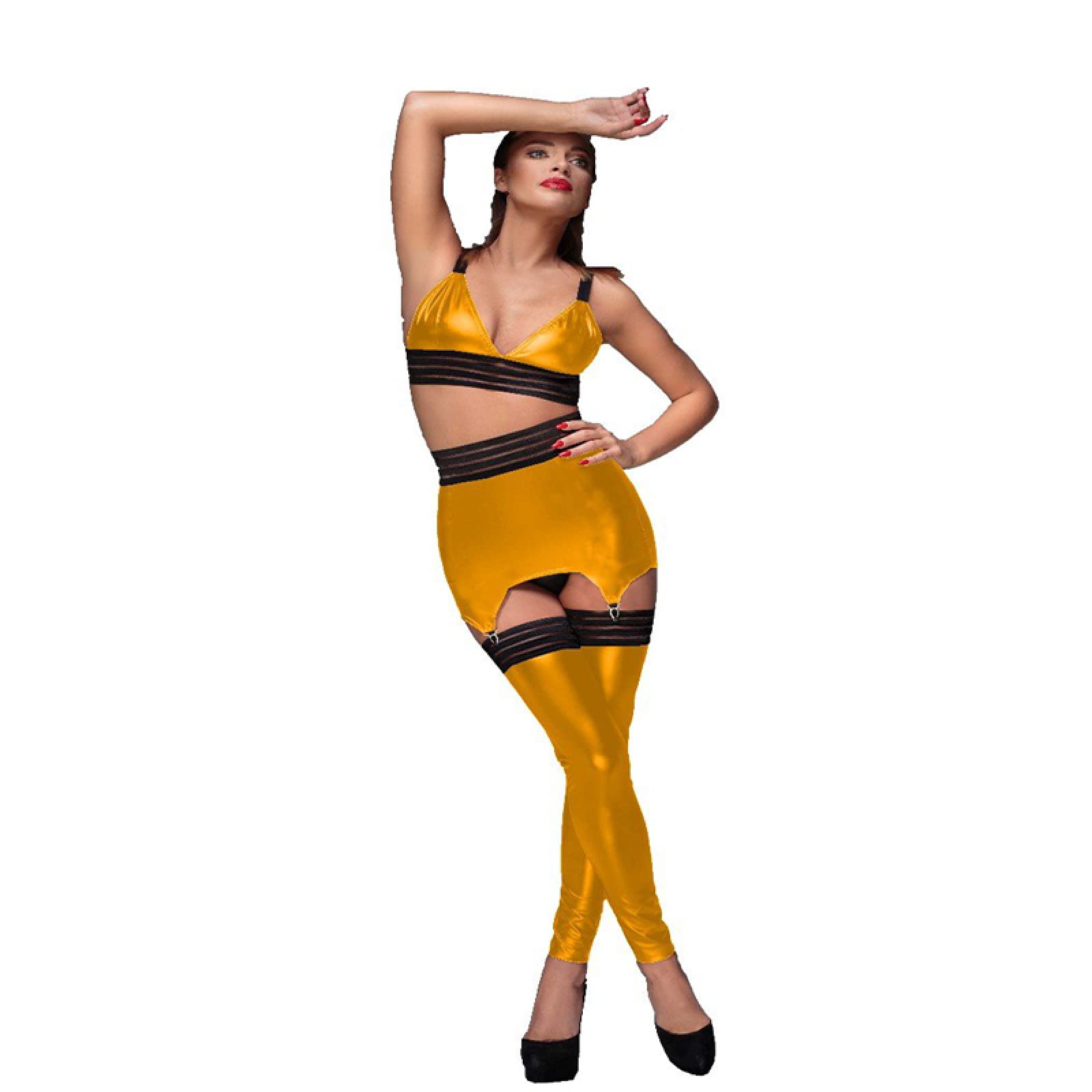 Lingerie érotique pour femme Jupe courte Fermeture Éclair Style chaussettes serrées Doré Taille XL