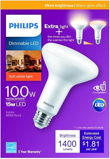 Philip Philips BR30 LED Indoor Flood Bulb with Warm Glow Effect,1400-Lumen,2700-2200-Kelvin,15 Watts 100-Watt Equivalent,E26 Base,Soft White