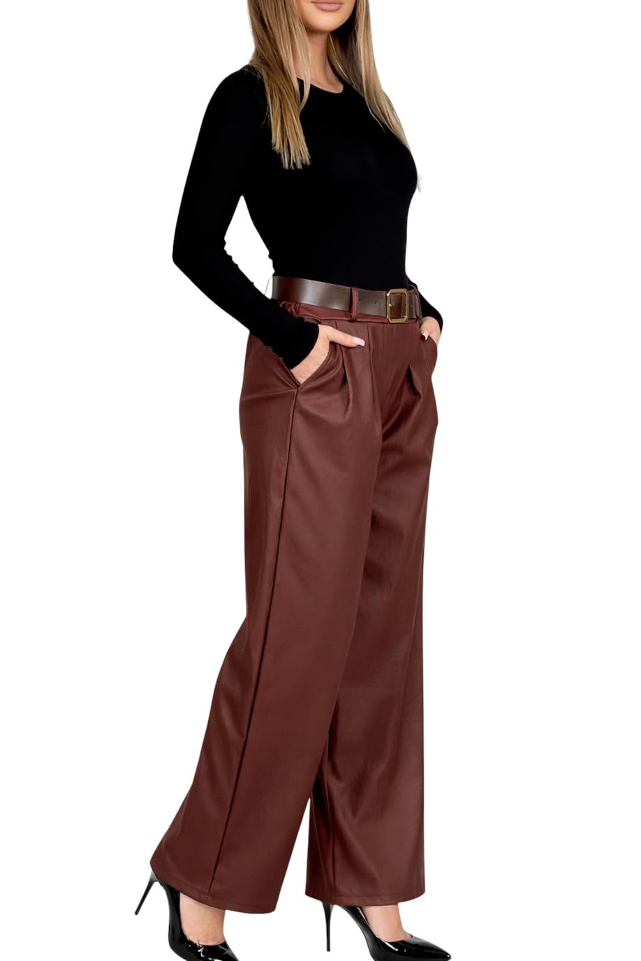 Mississhop Pantalon pour femme en cuir synthétique avec ceinture