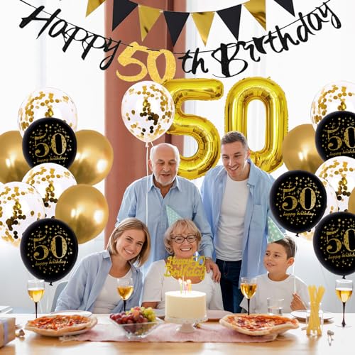 Image of Jobkoo 50th Birthday Decorations Men, 50th Birthday Black Gold Latex Balloons Black Happy 50th Banners 50 Cake Toppers 50 Balloon for Him Women 50 Year Old Party Decoration
