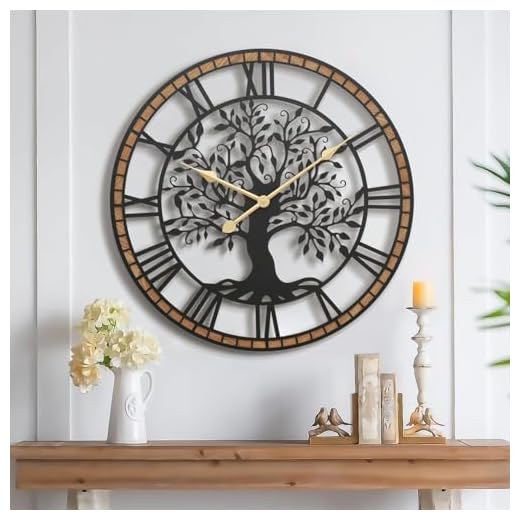 Micasso Silent Large Wall Clock: 24Inch Tree of Life Metal Black with Solid Wood Frame - Non-Ticking Battery Operated Clock for Living Room/Office/Bedroom/Kitchen - Home Decor for Fashion-Conscious