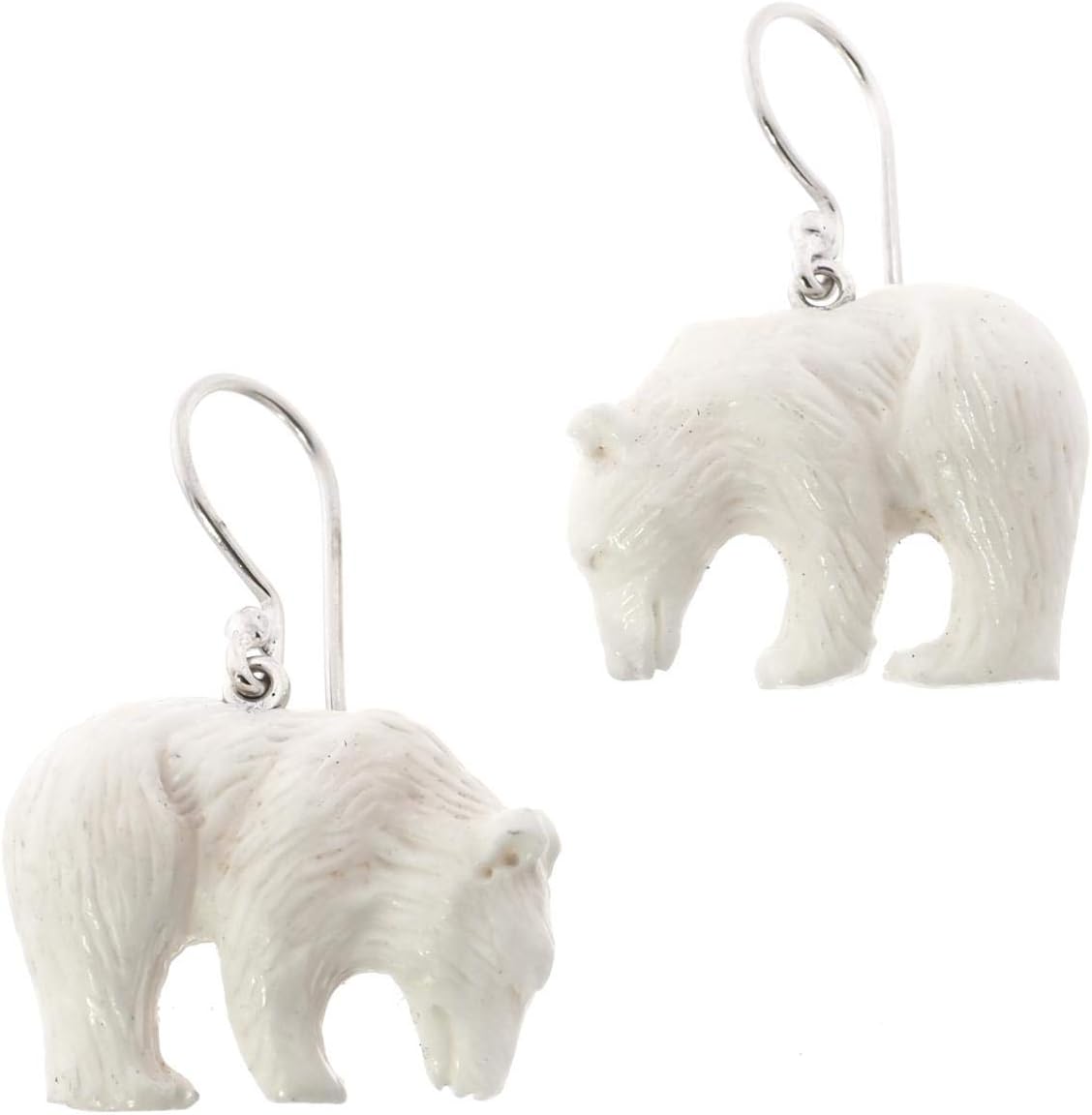 Polar Bear Buffalo Bone Hand Carving 925 Sterling Silver Earrings, 1"