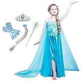 [CREDIBLE] プリンセス ドレス 子供 コスプレ 衣装 豪華６点セット ・アイスブルー (プリンセスドレス, リボン付きグローブ, 三つ編みウィッグ, ハートのティアラ, 魔法のステッキ, オリジナルグッズ) 130cm ST333E