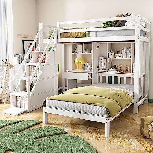 Moimhear Litera, cama doble, cama infantil, multifuncional, función de almacenamiento, con escritorio y estantes, con somier, color blanco, 90 x 200 cm, 306051567AAW