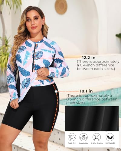 Image of Daci Women 2 Piece Plus Size Long Sleeve Rash Guard Zip Front Athletic Bottom Tankini Swimsuits UPF 50 | Two piece,Tummy Control,High Waist,UPF 50+,Half Zipper Swim Shirt,Athletic,Sporty,Built-in Bra,Built-in Briefs