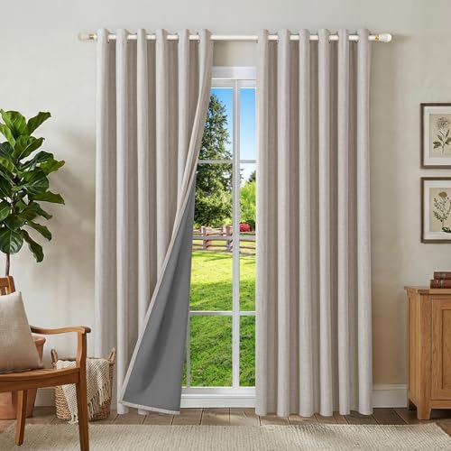 Runyéla 100% Verdunklungsvorhänge Leinen Gardinen mit Ösen, Thermovorhang | 2er Set, H245xB200 Grauweiß, Leinenoptik Vorhang Blickdicht, UV-Schutz Wärmeisolierend Schallschutz Schl