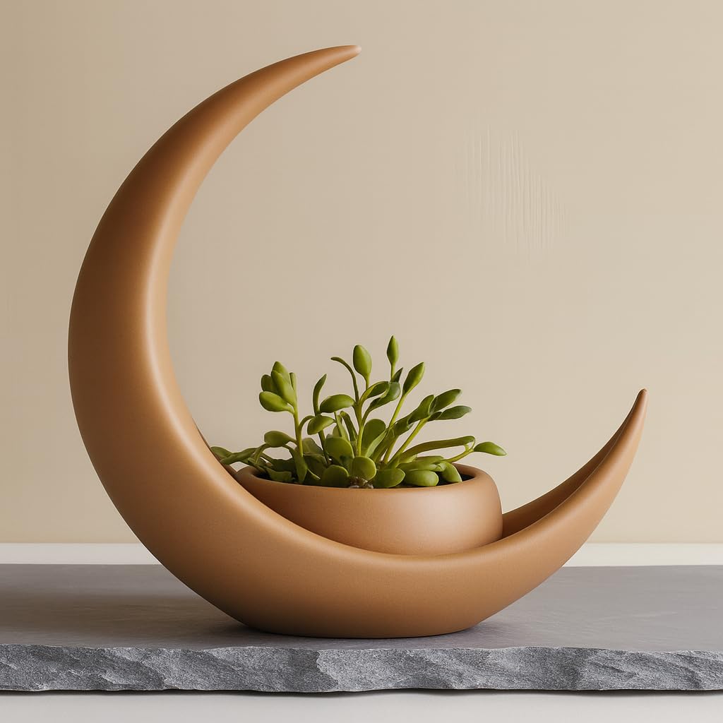 Crescent Moon Decoration With Elliptical Plant Pot (Matt Latte Brown)