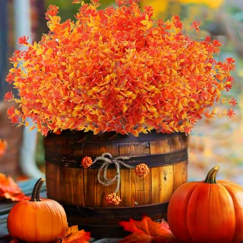 Satefello Artificial Fall Flowers for Outdoors, 10 Bundles Faux Flower UV Resistant Fall Fake Mums Plants for Outside Halloween Christmas Porch Decoration Fall Decor(Orange(Eucalyptus)) - image 1