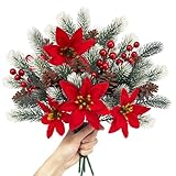 SHEPIN 4 Stück Künstliche Tannenzweige mit Weihnachtsstern u. Roten Beeren wie echt, Kunstblumen Weihnachten Zweige Weihnachtsblumen Künstlich Weihnachtsstrauß Weihnachtszweige Deko (Frostweiß)