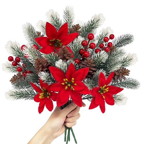 SHEPIN 4 Stück Künstliche Tannenzweige mit Weihnachtsstern u. Roten...