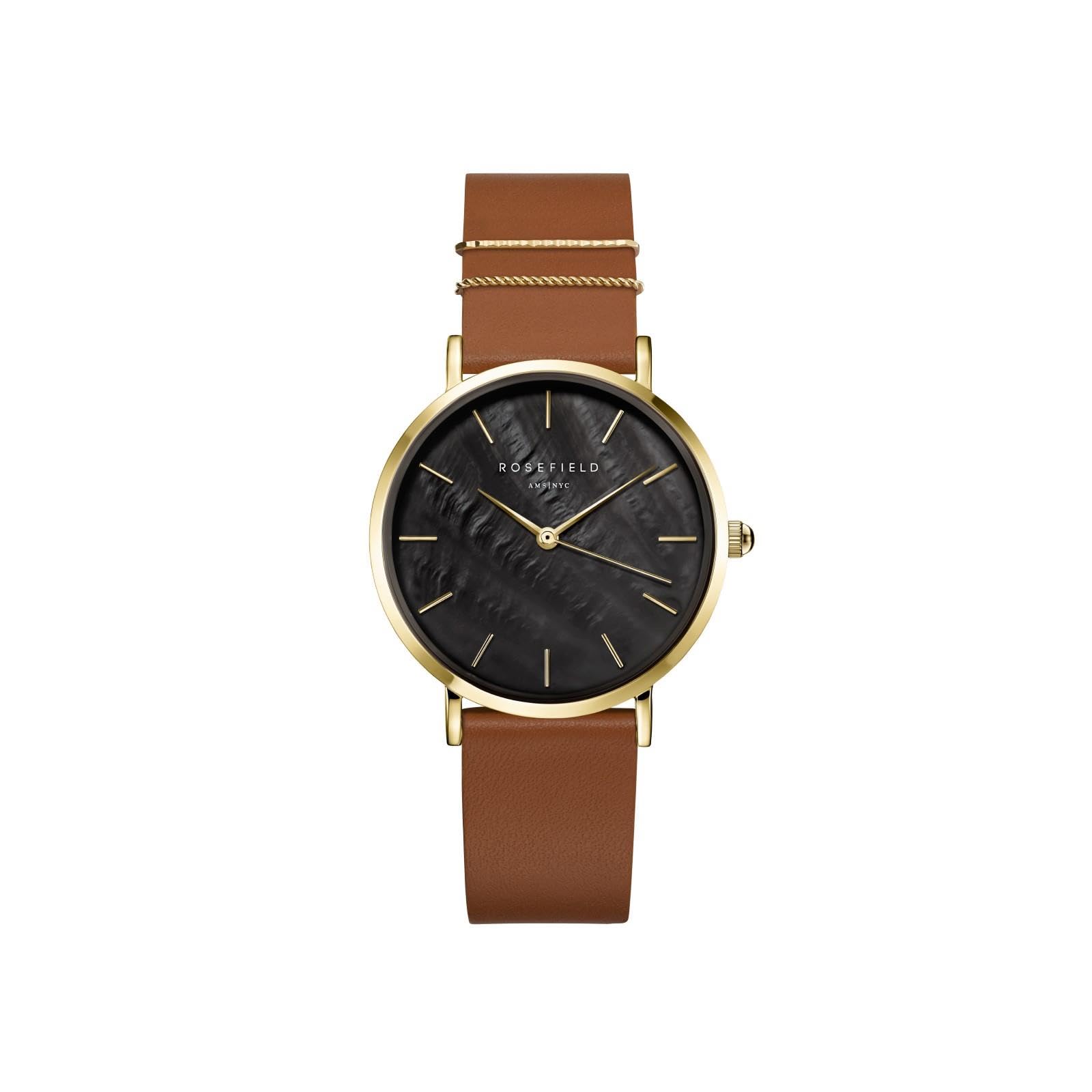 West Village Black Cognac with Black Dial and 33 mm Gold Case WBCLG-W96 Leather, Cognac & Gold