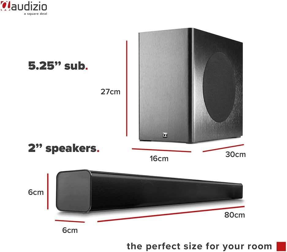 Diagram showing the dimensions of the Audizio SB85 Soundbar (80x6x6 cm) and its 5.25-inch subwoofer (16x30x27 cm), indicating their compact size.