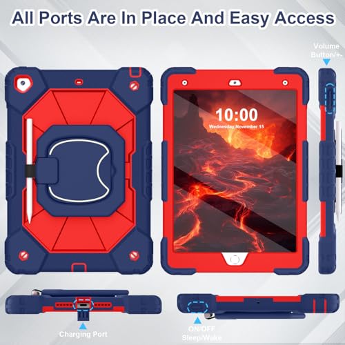 Image of WESOROL Case for iPad 9th Generation 10.2 Inch Tablet Case Military Grade Shockproof Cover for iPad 9th /8th /7th Gen Cases with Rotating Stand Screen Protector Pencil Holder,Navy Red