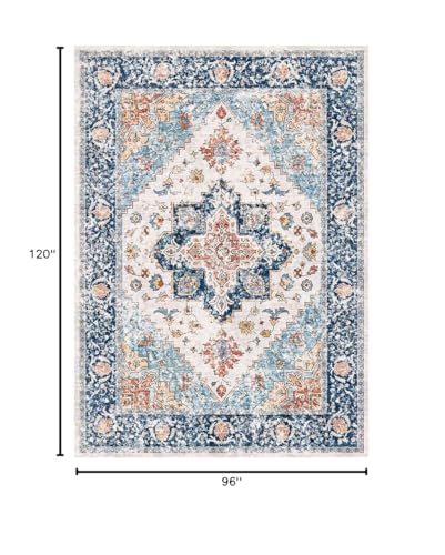 SERISSA Boho 8x10 Area Rugs, Washable Vintage Large Living Room Rug Non-Slip, Ultra Soft Oriental Print Distressed Tribal Farmhouse Blue Orange Carpet for Dining Room Bedroom Dorm Office Home Decor