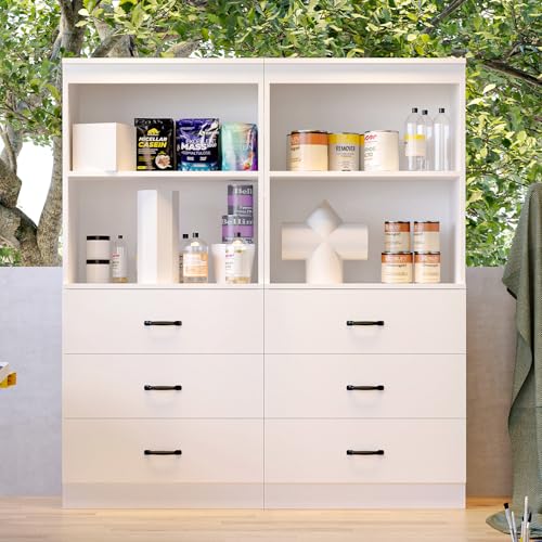 Image of 55.5 inch H Bookshelf with Drawers, Tall Bookcase with 2-Tier Open Shelves, Bookshelf and Bookcase with Storage Cabinet for Home Office,Living Room(White, 5-Tier)