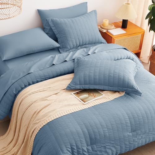 Image of CozyLux Oversized King Comforter Set with Sheets, 7 Pieces 120 inchx98 inch Grayish Blue Seersucker Bed in a Bag, Dusty Blue Soft Bedding Set with Down Alternative Comforter, Sheets, Pillowcases & Shams