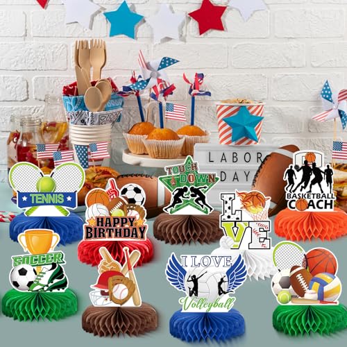 Image of 9pcs Sports Birthday Party Decorations, Sports Themed Honeycomb Centerpiece 3D Double Sided Table Decor for Birthday Competition Party Decorations& Favors