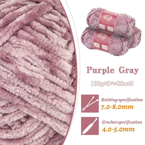 Image of LUNARM Chenille Yarn 3 Pack 3.5oz Chunky Blanket Velvet Yarn 263 Yard | Purple Gray Chunky Chenille Yarn for Beginners Crocheting Hand Knitting Scarves with Big Eye Needles Machine Washable