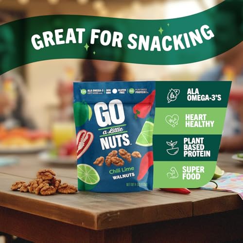 Image of Go a Little Nuts Chili Lime Walnuts, 4 oz Snack Pack (Pack of 4) Fire Roasted & Zesty, Plant Protein, Non-GMO, Peanut Free, Gluten-Free Healthy Snack for Kids and Adults