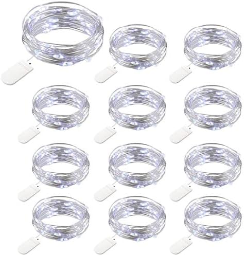 12 PCS LED Fairy String Lights Battery Operated, 20 LEDs 6.5Ft/2M Micro Copper Wire Lights, Waterproof Christmas Starry Decor Rope Lamps for DIY Wedding Party Festival Decorations (Cool White)