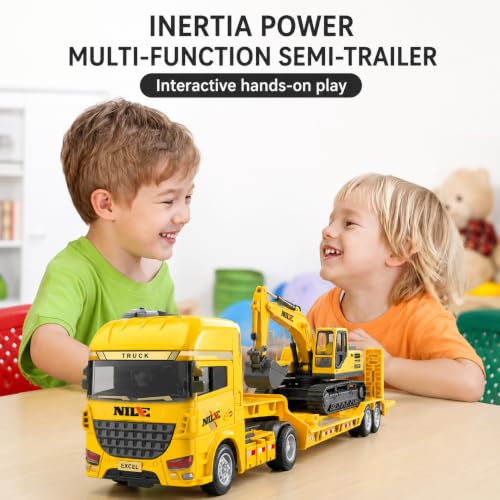 Image of Friction Powered Construction Transport Truck with Excavator Toy for Kids | Car Carrier Trucks with Movable Arm & Detachable Trailer| Engineering Vehicle for Boys & Girls (Multicolor)
