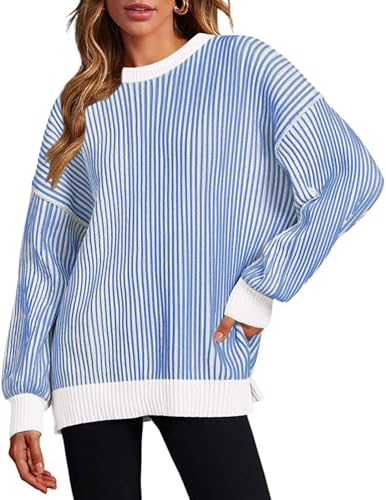 Image of Zeagoo Women 2026 Fall Lightweight Oversized Sweater Crew Neck Long Sleeve Color Block Pullover Rib Knit Blouse Tops XS-2XL