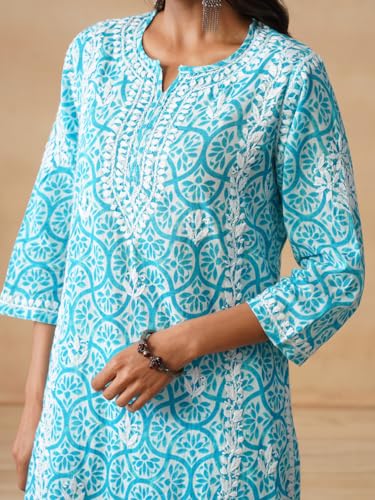 Image of Aidah Chikankari Mulmul Straight Kurta |Chikankari | Short Kurti Lucknowi Turquoise Blue