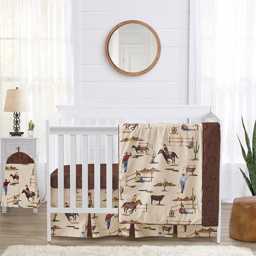 Image of Sweet Jojo Designs 4-Piece Baby Crib Bedding Set (Western Cowboy Print) for Boys, Infants/Nursery incl. Blanket, Fitted Sheet, Skirt, Diaper Stacker (Country, Farm, Horse Ranch, Wild West, Southern)