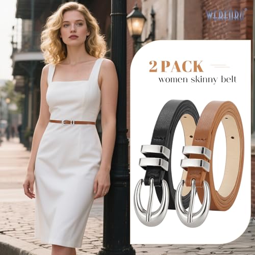 WERFORU 2 Pack Women Skinny Belts for Jeans Dresses Ladies Thin Leather Waist Belt with Gold/Silver Buckle,0.5" Width2