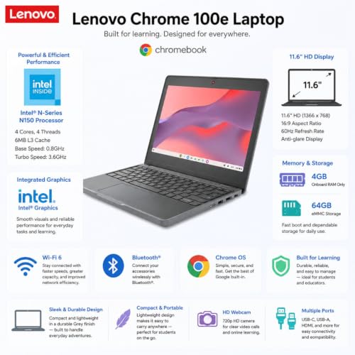 Image of Lenovo Chromebook 11.6 inch IPS Intel Portable Laptop for Home Student Travel | Gemini AI, Webcam w / Shutter, Rugged Reliability, Long Battery Life, 4GB RAM, 64GB Flash Storage, HDMI, w / Wireless Mouse