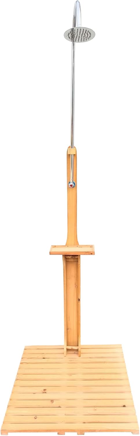 Outdoor Garden Pool Shower with Chassis Board with Adjustable Water Pressure,Storage Hole, Weather Resistant, Solid Wood Construction, for Swimming Pool, Patio, Terrace, Garden, Teak