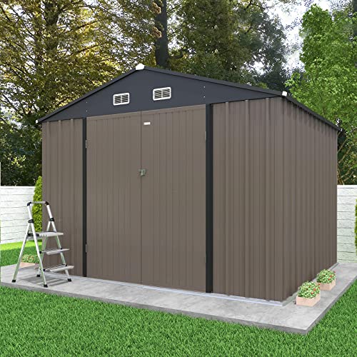 Patiowell 10X8 Ft Outdoor Storage Shed, Large Garden Tool Metal Shed With Sloping Roof And Double Lockable Door, Outdoor Shed For Backyard Garden Patio Lawn,Brown #TOP2
