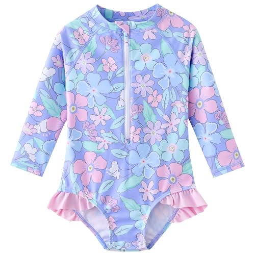Image of UMELOK Baby Girls One Piece Swimsuit Infant Bathing Suit Long Sleeve Rash Guard Swimwear with UPF 50+ Sun Protection