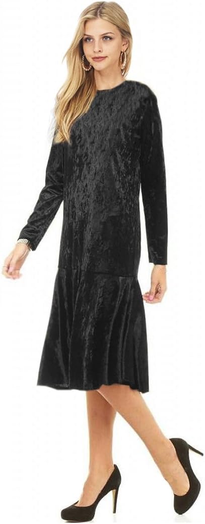 Tabeez Women's Long Sleeve Below Knee Ruffle Hem Crushed Velvet Midi Dress