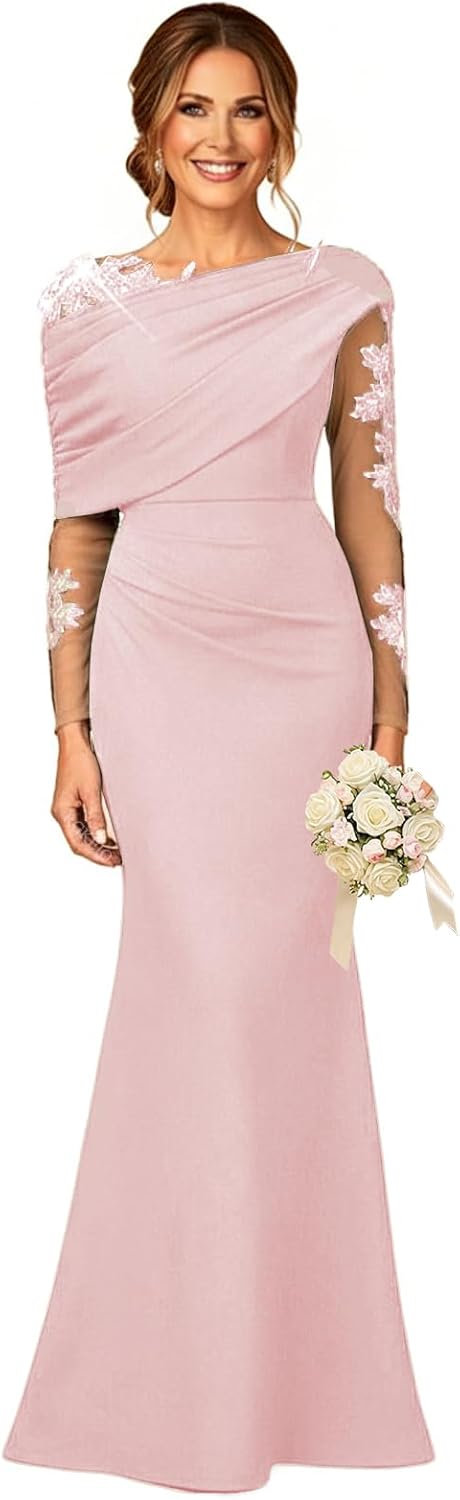 Lace Applique Mother of The Bride Dresses Long Sleeve Mermaid Formal Evening Gowns Ruched Wedding Guest Dress