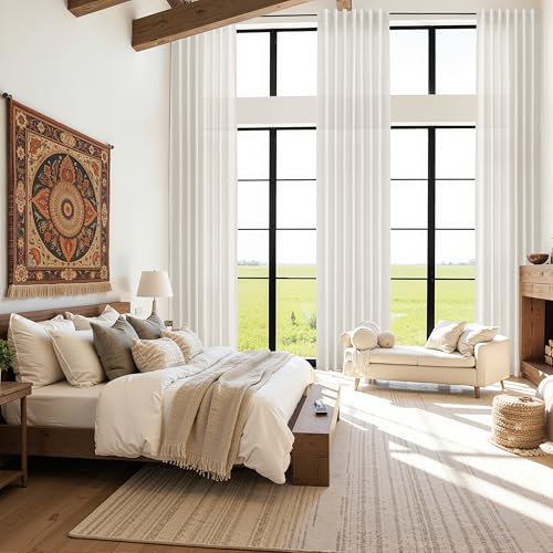 Image of Nanspring Extra Long Linen Curtains 132 Inch for Living Room Ivory White