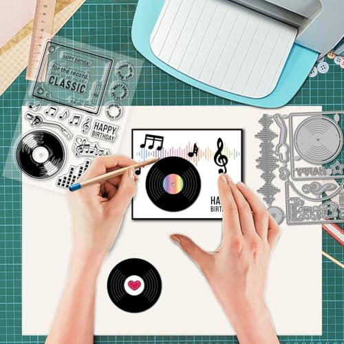 GLOBLELAND Transparente Stempel Und Stanzformen Set Mit Vintage Musik Zum Gestalten von Karten Musik Schallplatten Transparenter Silikonstempel Retro Glottenrahmen Metall Stanzformen Für Geburtstage
