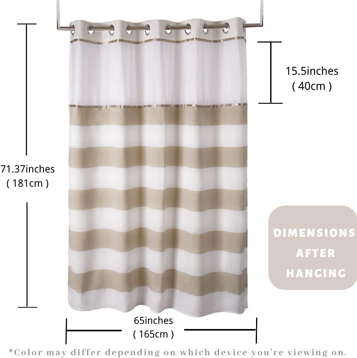 71“W x74”H Stripe Fabric Hook Free Shower Curtain with Polyester Magnet Snap-in Liner–Top See Through with Mesh Window Light Beige&White