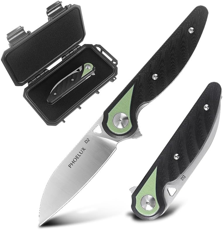 Pocket Folding Knife with Sharp Blade, G10 Handle, Pocket Clip, Liner Lock and Waterproof Box, Good for Survival Camping, Outdoor, Hiking, Hunting and EDC (Black and Green)