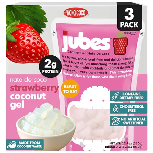 Jubes Strawberry Nata De Coco Jelly Cubes (12.7 oz, Pack of 3) - Strawberry Coconut Jelly Cubes for Sago - Coconut Gel in Syrup Toppings for Fruit Tea, Boba, Bubble Tea, Drinks, Desserts Yogurt, Ice Cream, Beverage - image 1