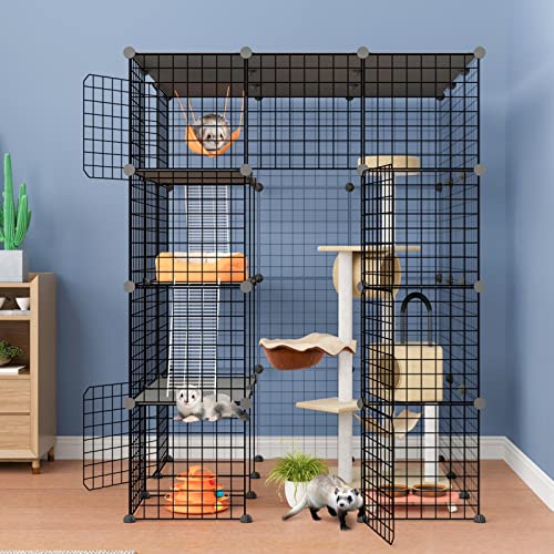 Eiiel Outdoor Cat Cage Enclosure,Kitty Enclosure With Super Large Enter Door,5-Tier Balcony Cat Playpen With Platforms,69 X 28 X 69 Inch #TOP19