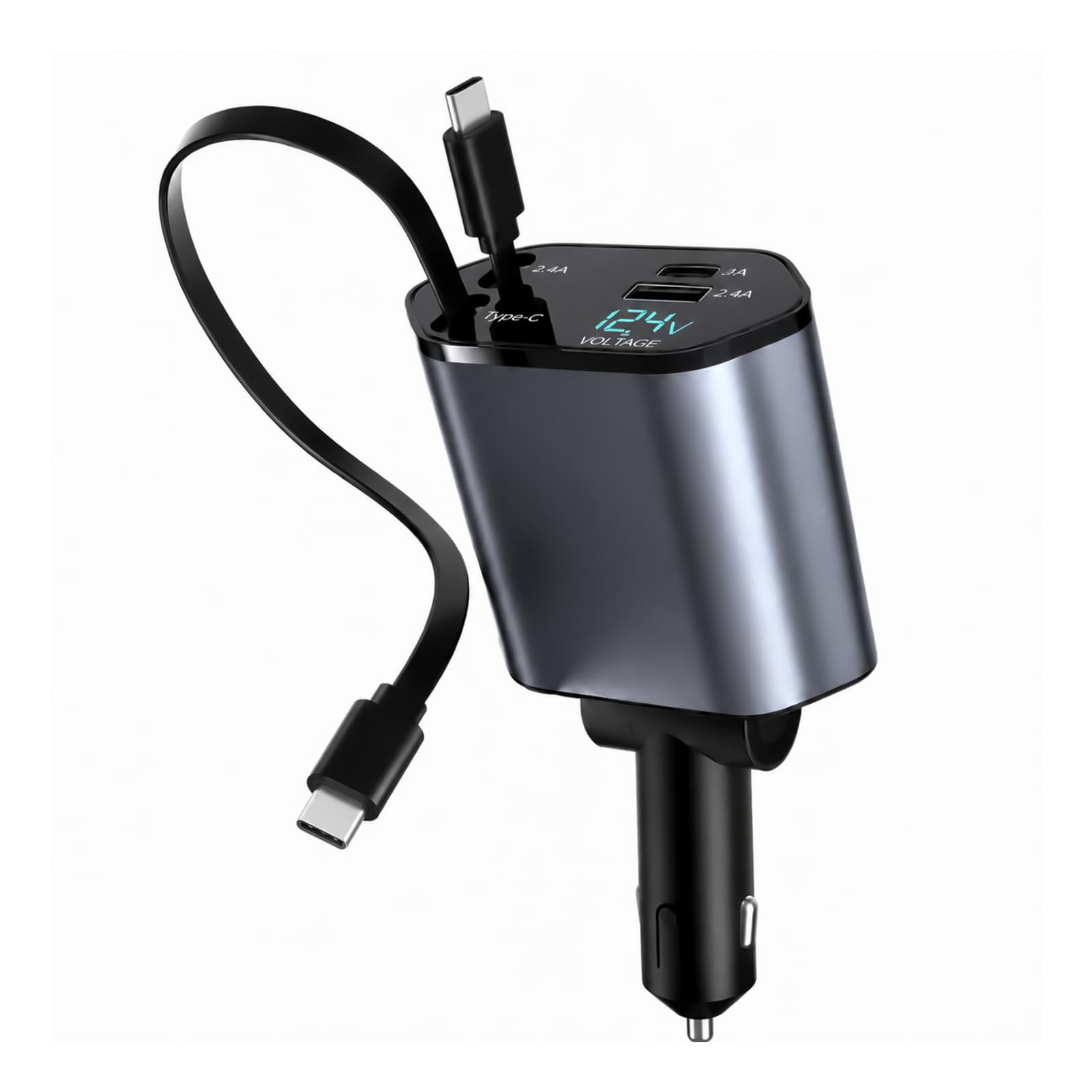 4 in 1 Kfz-Ladegerät USB C, Auto Ladegerät mit Einziehbarem Kabel, Zigarettenanzünder 12V/24V, Digital Spannungsanzeige, PD USB C, USB A, Autoladegerät für iPhone 17/16/15, Samsung Galaxy S25/S24