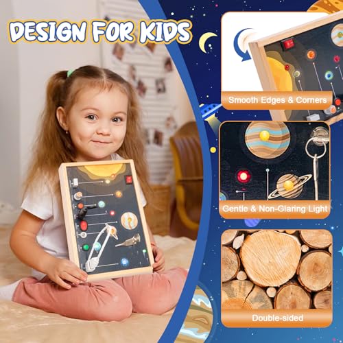 Image of Adena Montessori Solar System Busy Board, 1-6y | Safe wood, LED light switches & solar system theme. Boosts fine motor & sensory skills. Travel-friendly.