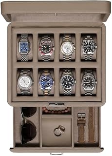 ROTHWELL 6 Slot Leather Watch Box with Valet Drawer - Luxury Watch Case Display Organizer, Men's Storage Boxes Holder Large Glass Top (Tan/Brown)