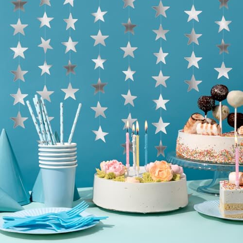 Image of Silver Star Garland Banner, 5 PCS 66 Feet Double Side Star Hanging Bunting Banner Backdrop for Birthday Wedding Christmas Graduation Party Decorations
