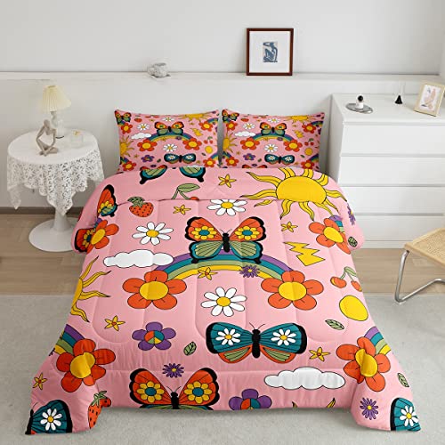 Vintage Groovy Flower Bedding Set Cute Rainbow Butterfly Sun Moon Comforter Set Retro Floral Boho Pink Comforter for Boys Girls Teens Decor Duvet Set Twin Size with 1 Pillow Case Boys